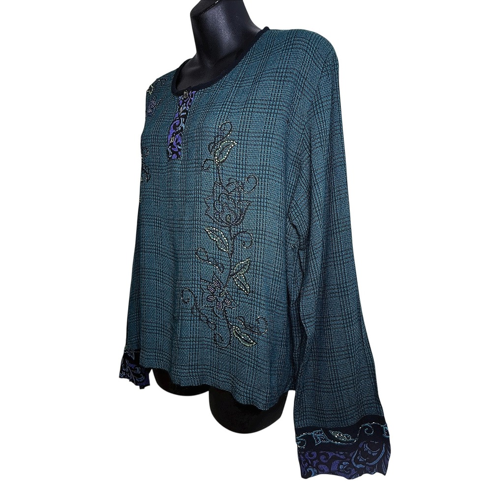 Faith by Celia Forrester Womens Embroidered Beaded Plaid Long Sleeve Tunic XL - Picture 7 of 11